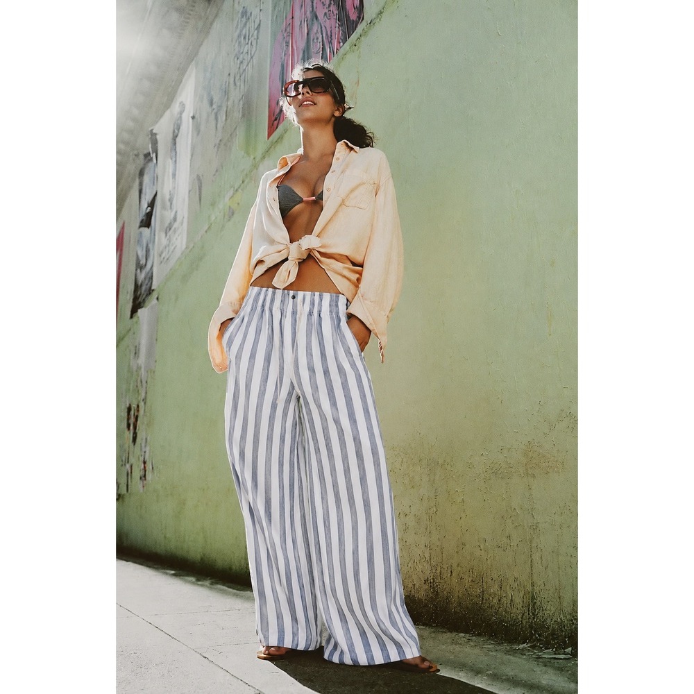 Anthropologie Fidelity Denim Andy Striped Linen 26 Wide Leg Pants Blue White NWT